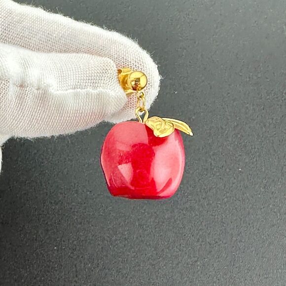 Vintage Avon Gold Tone & Red Light Pink Swirl Lucite Apple Dangle Earrings 1 in - Picture 3 of 12